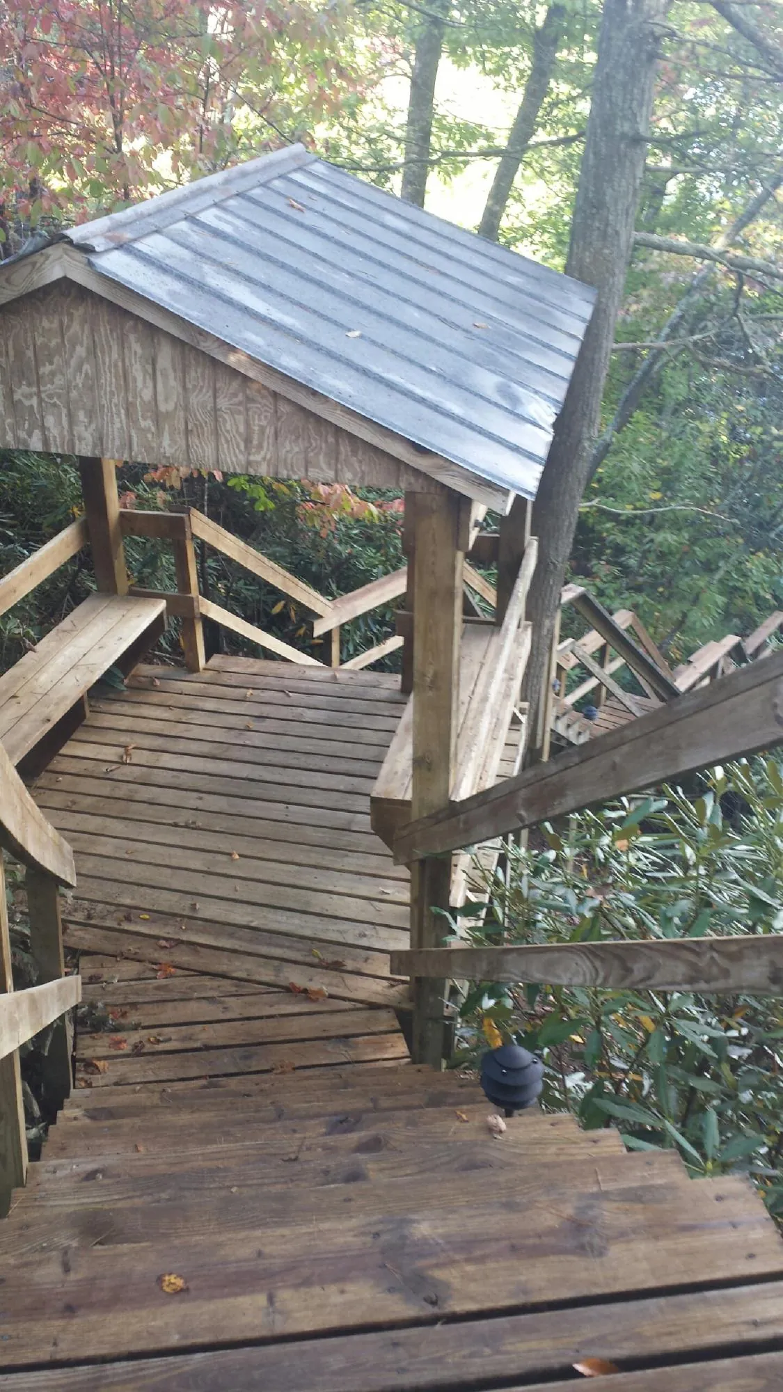 Metal roofed shelter over wooden steps on a wooded walkway — Skylight Repair & Installation work by our crew in New Palestine